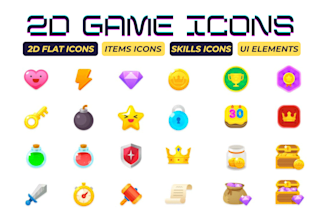 design 2d flat icons, items, skills, UI elements art for your games
