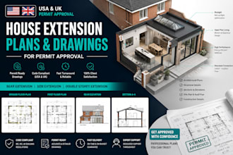 design house extension plans, rear extension for USA and UK permit approval