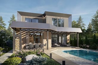 refined 3d modern prefab house, sauna exterior,pool,deck,external wall rendering