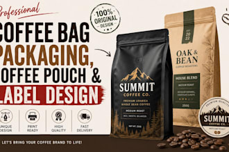 design coffee bag packaging, coffee pouch and label design