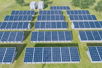 convert 2d to large scale solar panel, electrical layout, farm photorealism cgi