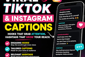 create engaging tiktok and instagram captions, hooks and hashtags for vir