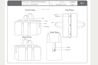 create fashion accessory tech packs for bags, wallets, and belts