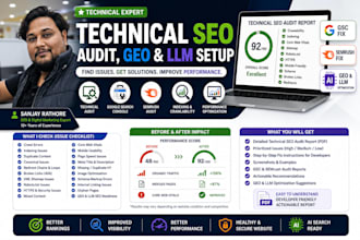 do technical SEO audit, GEO and llm setup, fix gsc and semrush errors report