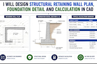 design structural retaining wall plan foundation detail and calculation in cad