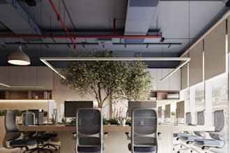 photorealistic 3d architect office interior render, commercial space, workspaces