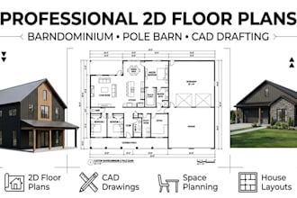 create professional 2d floor plans for barndominium and pole barn homes