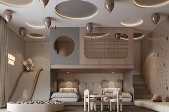 design, render cgi kids room, daycare interior, playing zone, study room visual