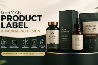 design german product label packaging, bottle, box and supplement label design
