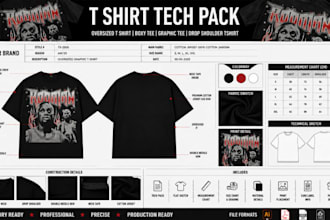 create t shirt tech pack, oversized t shirt, boxy tee,  and drop shoulder tshirt