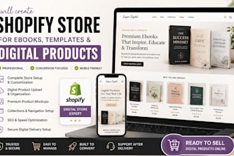 create shopify store for ebooks, templates, digital products with product mockup
