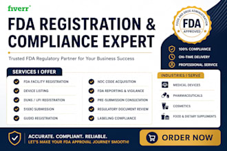 handle fda 510k submission, device listing, ndc, fda registration and compliance