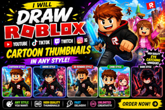 draw roblox youtube tiktok twitch ig cartoon thumbnails in any style logo design