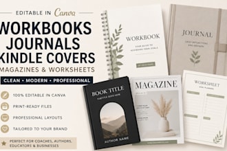editable workbook, journal, kindle cover, magazine worksheet in canva