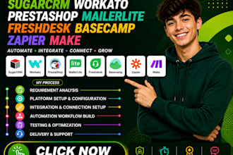 sugarcrm workato prestashop mailerlite freshdesk basecamp zapier make integrate