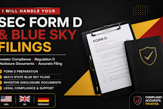 prepare sec form d, blue sky filing, edger filing and corporate tax filing