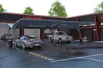 3d car wash concept visualization,washing bay,auto detailing,guest lounge,lobby