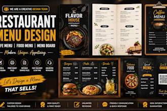 design a modern restaurant menu, premium cafe menu, food menu and menu board