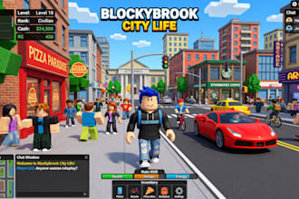 develop a complete custom roblox game with scripting, map building design, gui