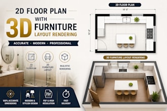 design a 2d kitchen or bathroom floor plan with 3d furniture layout rendering