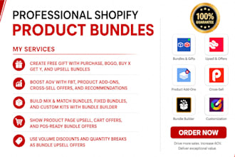 setup shopify product bundles, bundle discounts, upsells and cross sells