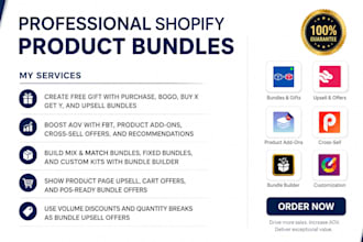 setup shopify product bundles, bundle discounts, upsells and cross sells