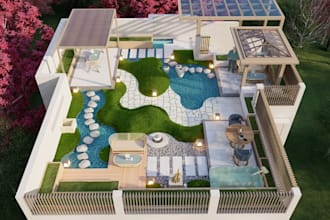 revamp 3d private courtyard, backyard oasis, garden landscape, hardscape render