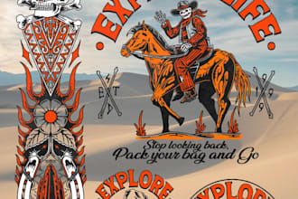 do retro western cowboy skull logo with rodeo illustration design