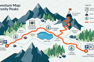 design illustrated hiking, adventure, itinerary,  trail, and wayfinding maps