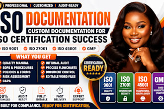 prepare iso 9001 qms, iso 27001, iso 45001 and gmp documentation