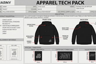 create hoodie, jacket, tracksuit, joggers and apparel clothing fashion tech pack