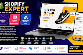 build shopify navigation, custom liquid sections, faq and landing pages