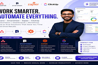 build asana and smartsheet automation, dashboards and zapier workflow, click up