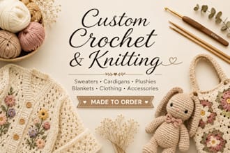 crochet or knit a custom sweater, clothing, plushie, blanket, and more
