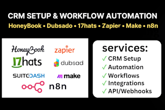 automate honeybook, dubsado, 17hats, suitedash, quickbooks, zapier and make