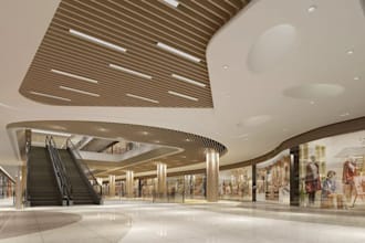 create 3d shopping mall design, shopping plaza, mall interior, lifestyle center
