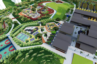resort urban master plan,community center,tennis court layout,skate park design