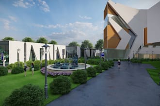 exterior rendering, building facade and site visualization