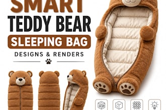 create realistic 3d smart teddy bear sleeping bag designs and renders
