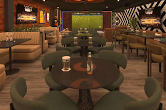 enhance luxury sport bar, 3d lounge interior design, cafeteria,restaurant render