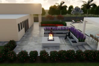 design garden and backyard landscape plan with 3d rendering in lumion pro