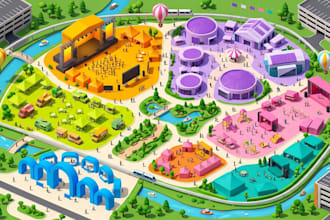 design 3d isometric event map, festival map, event branding map, navigation map