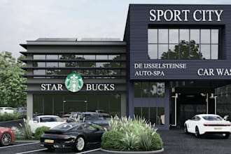 commercial car wash concept design,3d exterior render,waiting lounge,cgi washbay