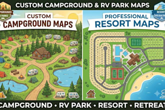 design custom campground map, rv park map, camp map and resort vector site map
