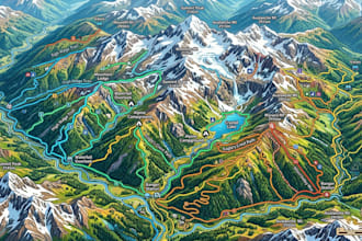 design mountain trail map, hiking trail illustration, itinerary adventure park