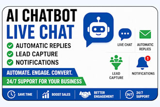 set up ai chatbot, live chat, automatic replies, lead capture, and notifications