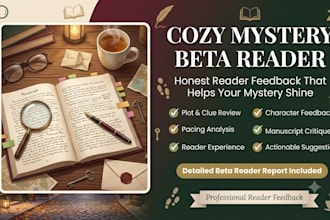 be your cozy mystery beta reader, mystery alpha reader with detailed feedback