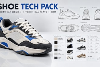 design shoe tech pack, footwear tech pack and sneaker technical drawings