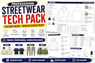 create streetwear clothing tech pack with sketch for apparel manufacturing