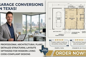 prepare texas structural layouts for garage conversions, draw architectural plan